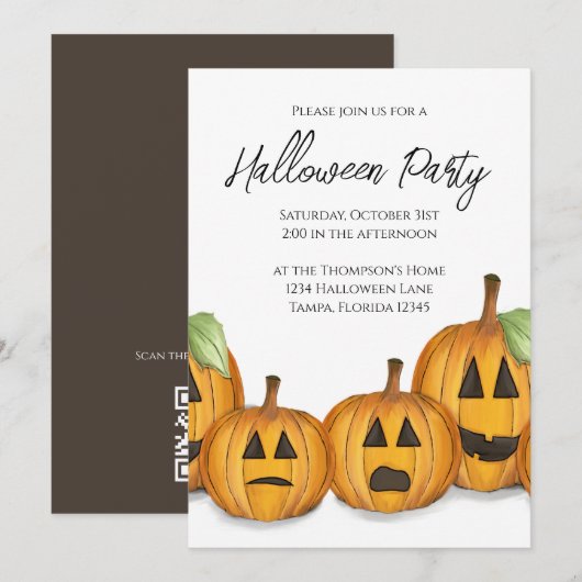 Invitation Halloween Simple Citrouille Mignonne QR Code Map I (Devant / Derrière)