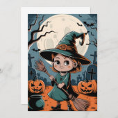 Invitation Halloween - sorcière à balai (Devant / Derrière)