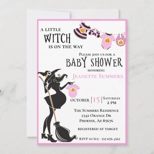 Invitation Halloween sorcière enceinte rose fille bébé (Devant)