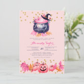 Invitation Halloween sorcière mignonne automne rose bébé fill (Debout devant)