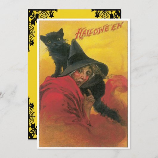 Invitation Halloween sorcière vintage et chat noir (Devant / Derrière)