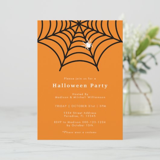 Invitation Halloween Spider Web Éffrayant moderne Orange Part (Debout devant)