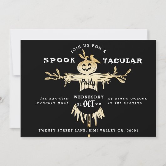 Invitation Halloween Spooktaculaire | or & noir Scarecrow (Devant)