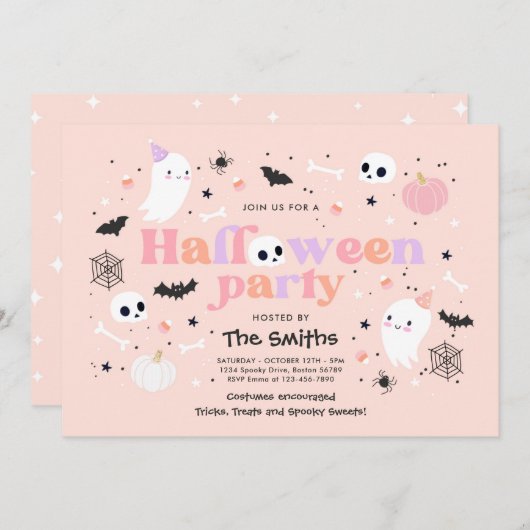 Invitation Halloween Spooktaculaire Parti mignon Fantôme rose (Devant / Derrière)