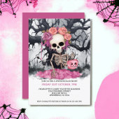 Invitation Halloween squelette rose Effrayant et arbre hanté