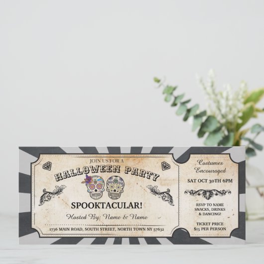 Invitation Halloween Ticket Skulet Party Scroll Événement Éff (Debout devant)