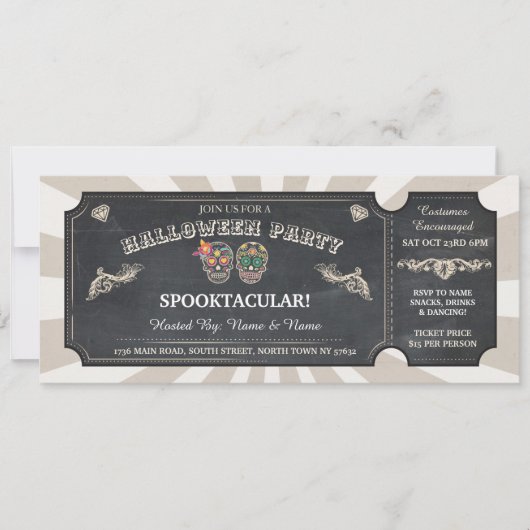 Invitation Halloween Ticket Sugar Skuls Party Événement Éffra (Devant)