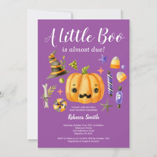 Invitation Halloween Un Petit Baby shower Citrouille Boo Viol (Devant)