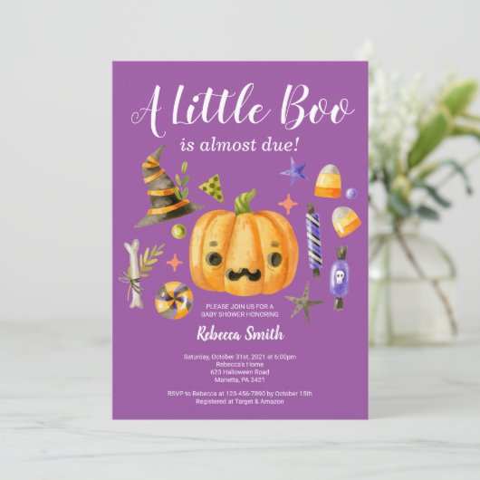 Invitation Halloween Un Petit Baby shower Citrouille Boo Viol (Debout devant)