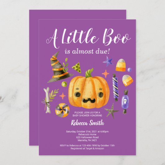 Invitation Halloween Un Petit Baby shower Citrouille Boo Viol (Devant / Derrière)
