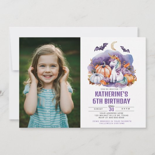 Invitation Halloween Unicorn Aquarelle fête d'anniversaire (Devant)