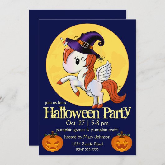 Invitation Halloween Unicorn Pegasus Witch (Devant / Derrière)