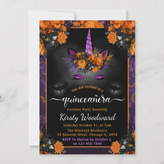 Invitation Halloween Unicorne Florale Face Automne Quinceaner (Devant)