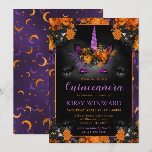 Invitation Halloween Unicorne Florale Face Quinceanera (Devant / Derrière)