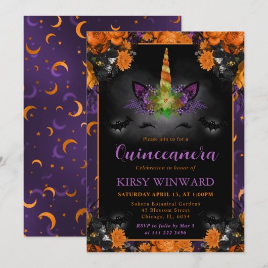 Invitation Halloween Unicorne Florale Face Quinceanera (Devant / Derrière)
