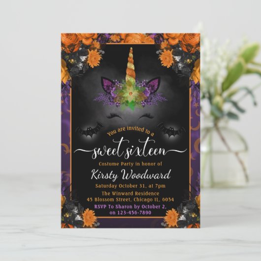 Invitation Halloween Unicorne florale Sweet sixteen visage (Debout devant)