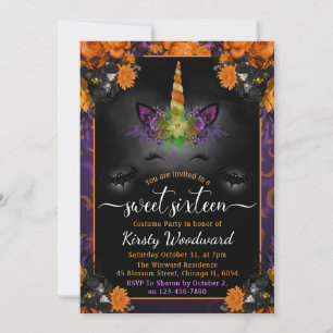 Invitation Halloween Unicorne florale Sweet sixteen visage