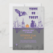 Invitation Halloween vintage gris orange violet (Devant)