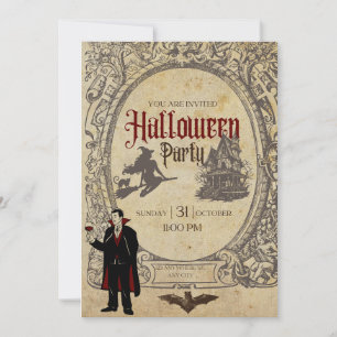 Invitation Halloween vintage rétro sorcière vampire