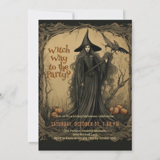 Invitation Halloween vintage sorcière (Devant)