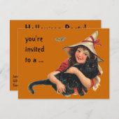 Invitation Halloween vintage, sorcière avec chat noir (Devant / Derrière)