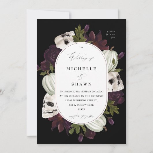 Invitation Halloween violet floral et Mariage crâne (Devant)