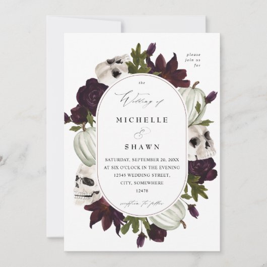 Invitation Halloween violet Floral et Mariage crâne blanc (Devant)