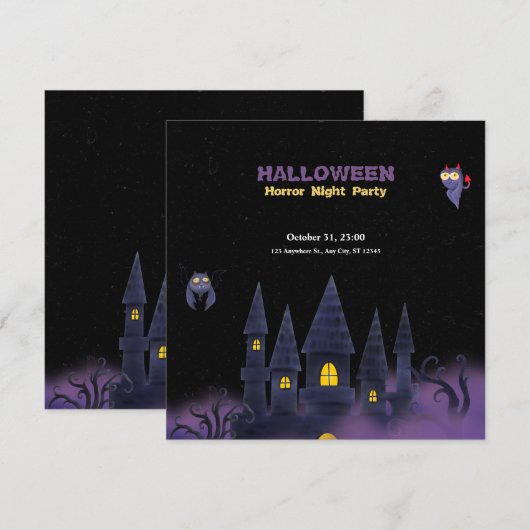 Invitation Halloween violet noir amusant (Rectangle) (Devant / Derrière)