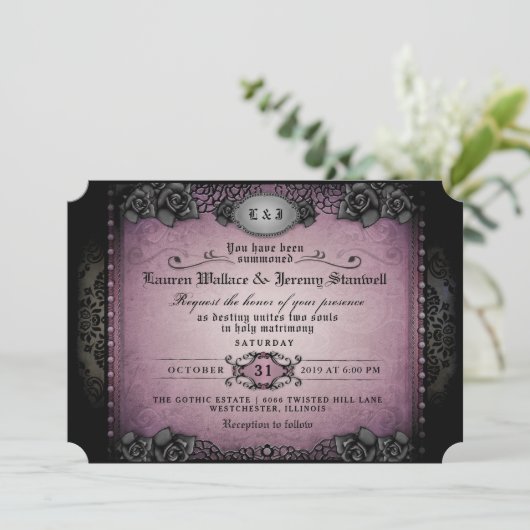 Invitation Halloween violet noir Rose mariage gothique Invita (Debout devant)