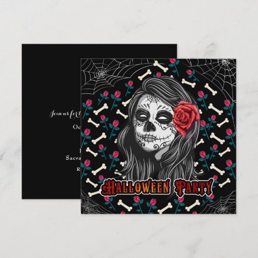 INVITATION HALLOWEWEEN PARTI SUCRE SKULL FILLE & ROSES ROSES  (Devant / Derrière)