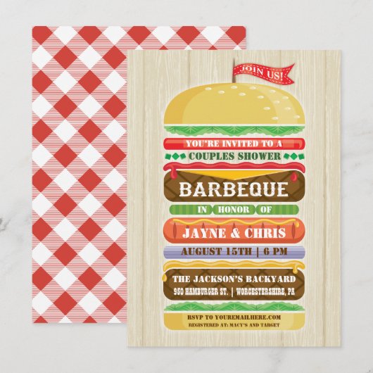 Invitation Hamburger empilé rustique Couples Douche BBQ (Devant / Derrière)