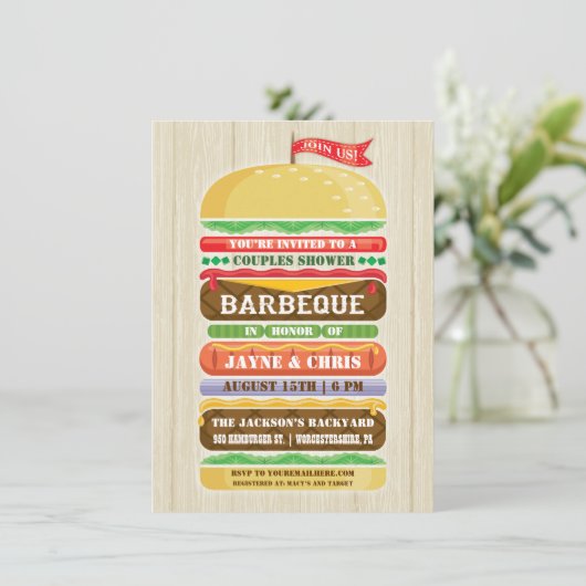 Invitation Hamburger empilé rustique Couples Douche BBQ (Debout devant)