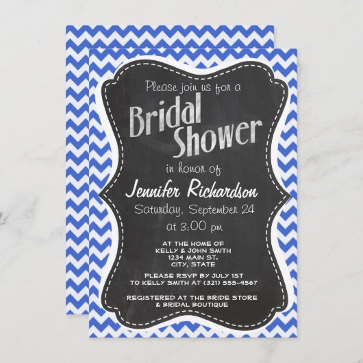 Invitation Han Blue Chevron Stripes; Chalkboard look (Devant / Derrière)