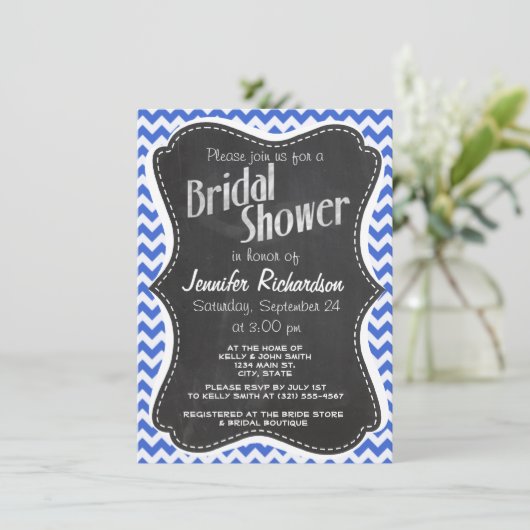 Invitation Han Blue Chevron Stripes; Chalkboard look (Debout devant)