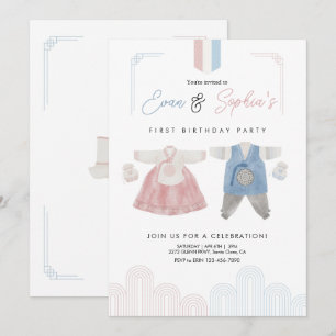 Invitation Hanbok bleu rose coréen Doljanchi premier annivers