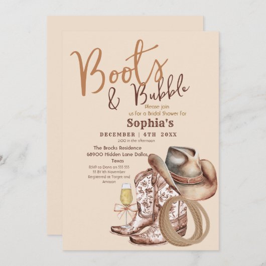 Invitation Hand Draw Boots and Bubbly Bridal Shower (Devant / Derrière)