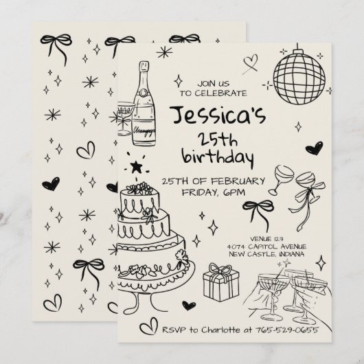 Invitation Hand Drawn Adult Handwritten Scribble Birthday  (Devant / Derrière)