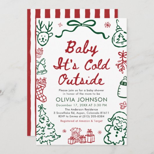Invitation Hand Drawn Baby It's Cold Outside Baby Shower (Devant / Derrière)