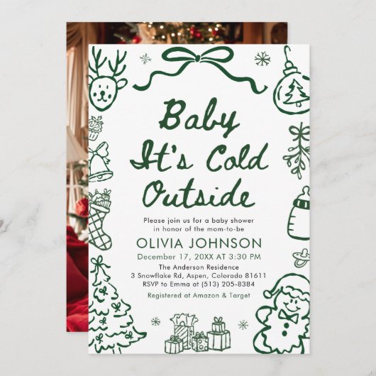 Invitation Hand Drawn Baby It's Cold Outside Baby Shower (Devant / Derrière)