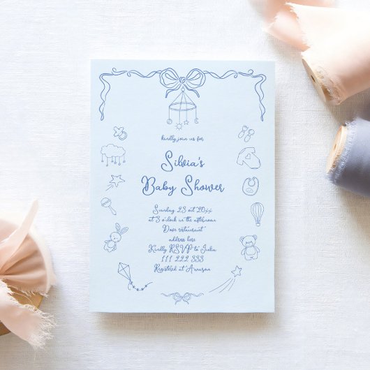 Invitation Hand Drawn Baby Shower, Bow Baby Boy Handwritten