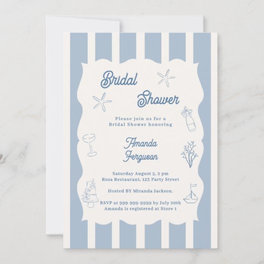 Invitation Hand drawn beach dusty blue ivory Bridal Shower (Devant)