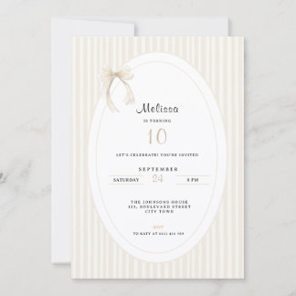 Invitation Hand Drawn Beige Stripes Bow 10th Birthday