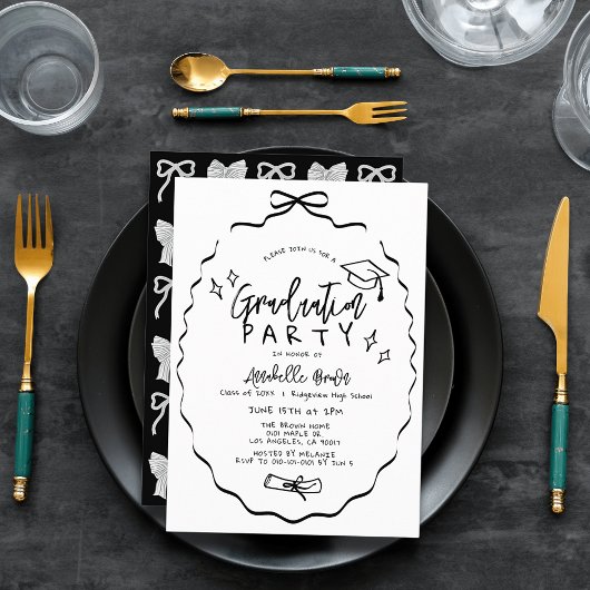 Invitation Hand-drawn Black Bow Cap Diploma Graduation Party