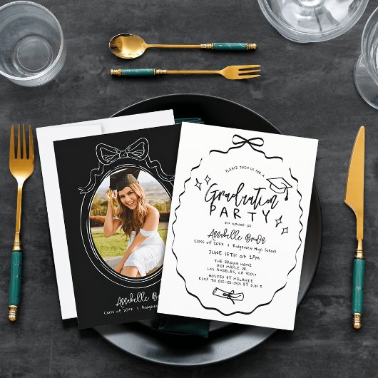 Invitation Hand-drawn Black Bow Cap Photo Graduation Party