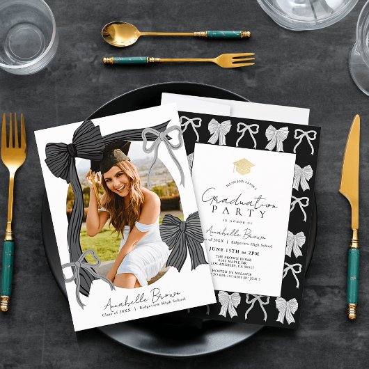 Invitation Hand-drawn Black Bows Photo Graduation Party
