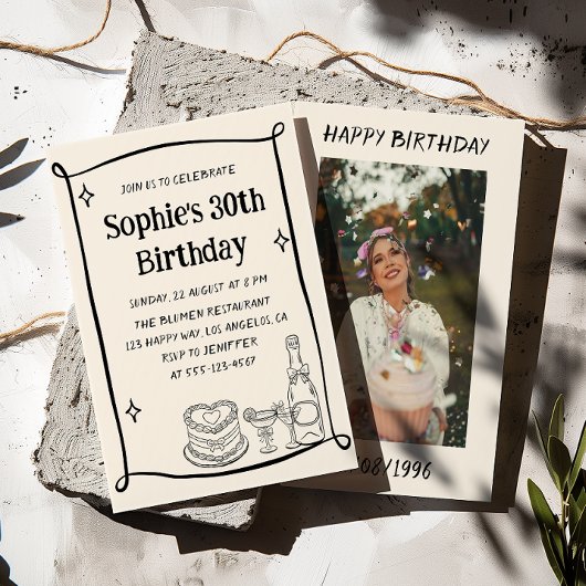 Invitation Hand Drawn Black & Cream 30TH Birthday Photo 