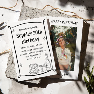 Invitation Hand Drawn Black & White 30TH Birthday Photo