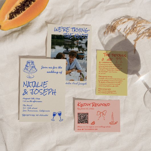 Invitation Hand Drawn Blue Cake Bows Funky Unique Wedding