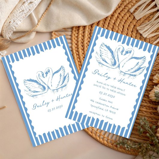 Invitation hand drawn Blue Couple Swan Whimsical Wedding