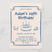 Invitation Hand-Drawn Blue Line Art Kids Birthday Party (Devant)